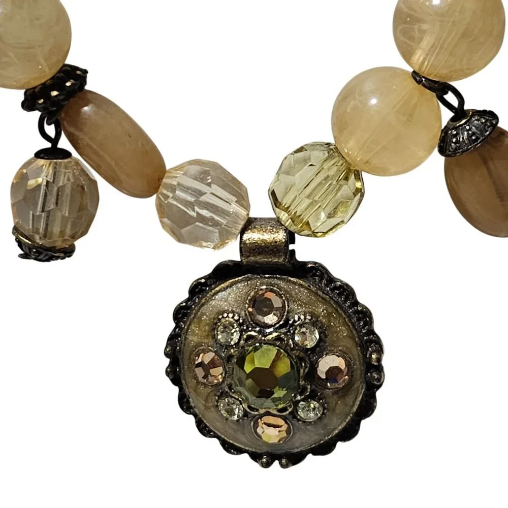 Vintage Yellow Beaded Charm Necklace Green Rhinestone Floral Pendant Jewelry